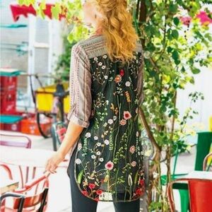 Soft Surroundings Button Down Velvet Trim Striped Design Embroidered Floral Back